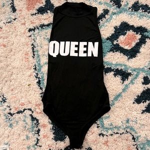 “Queen” logo black bodysuit sleeveless mock neck stretchy